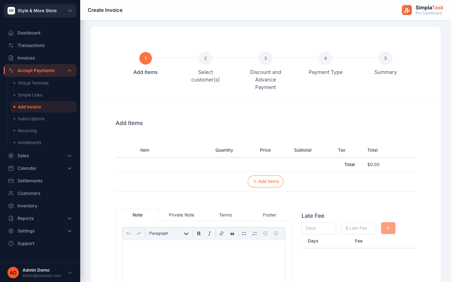 SimplaTask Invoice wizard — Add Items step showing 5-stage stepper, item table, and note/terms tabs