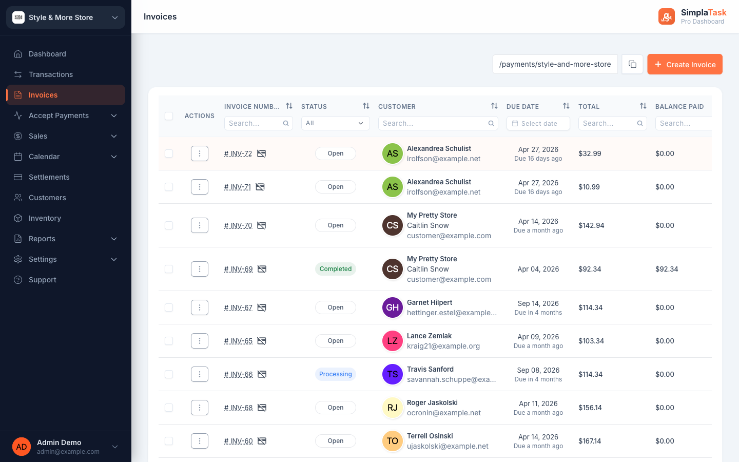 SimplaTask Invoices list — search and filter by number, status, customer, due date, total, balance paid
